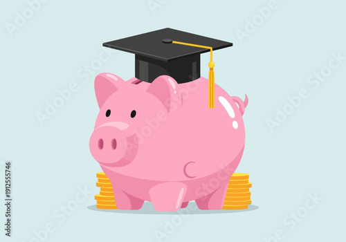 Pink Piggy Bank with Graduation Cap and Coins
