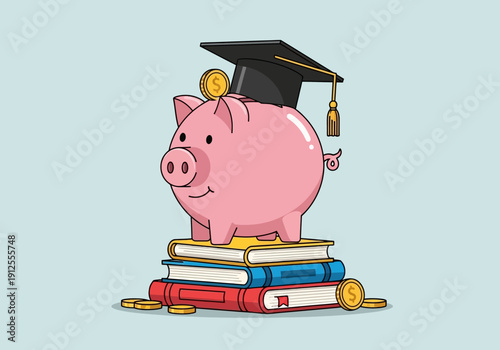 Piggy Bank with Graduation Cap on Stack of Books, Saving for Education