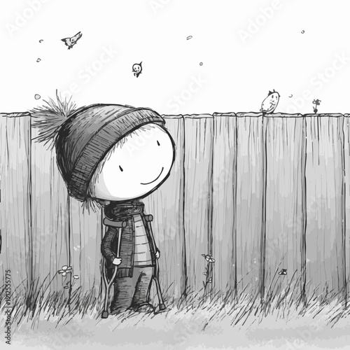 A charming illustration of a boy with crutches standing near a wooden fence, looking up with a cheerful expression. The boy is wearing a beanie and a scarf, observing the falling snow