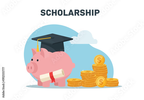 Scholarship Savings: Piggy Bank with Graduation Cap and Money