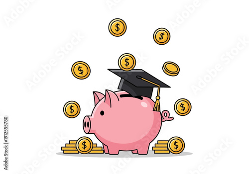 Piggy Bank with Graduation Cap Surrounded by Coins Illustration
