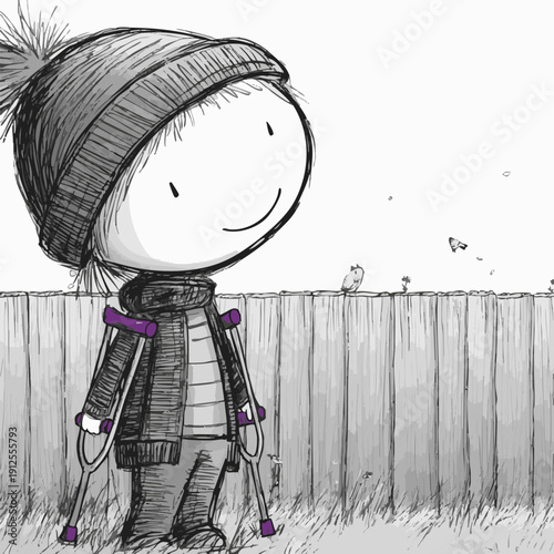 A cartoon image of a child with crutches looking towards small birds, conveying innocence and determination.