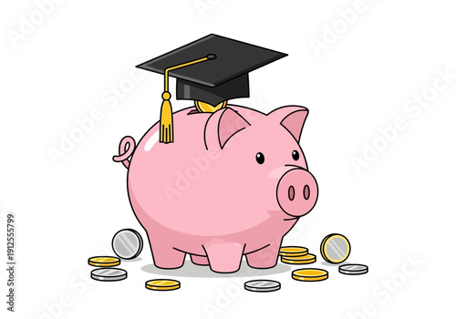 Pink Piggy Bank with Graduation Cap and Coins Illustration