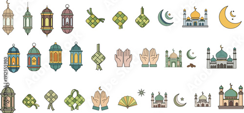 Diverse collection of vector icons showcasing Islamic cultural and religious symbols, perfect for Ramadan and Eid Al-Fitr celebrations and greetings