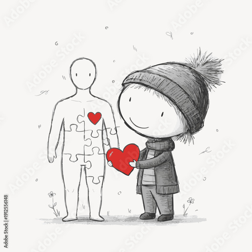 A person giving heart to the body which made by puzzles, expressing love and connection. The drawing is simple and heart-warming