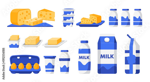 Dairy Products Vector Illustration Set with Milk Carton, Cheese, Butter, Eggs, and Yogurt