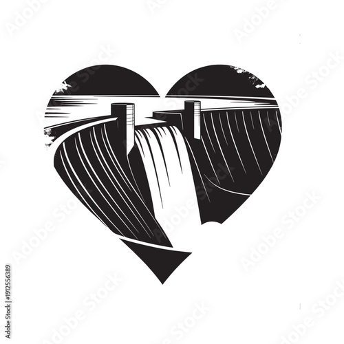 A striking black and white illustration depicts a heart shaped dam with flowing water symbolizing love and power