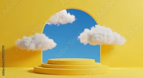 Vibrant yellow podium with clouds and blue sky background