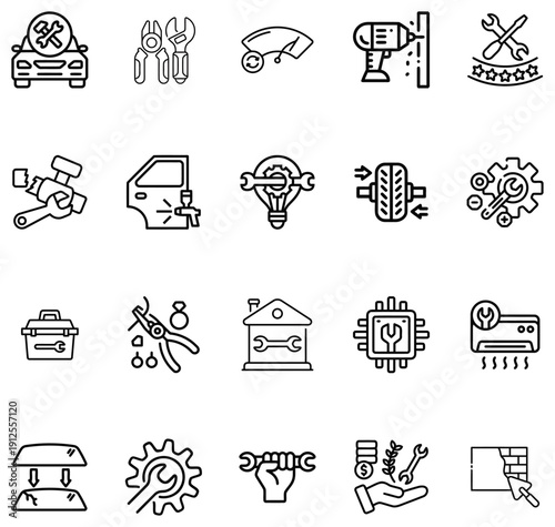 Collection of Black and White Line Representing Repair Maintenance and Construction Services