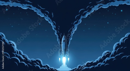 Rocket launching into starry night sky with vibrant blue flames