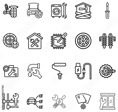 Collection of black line representing various repair and maintenance services tools