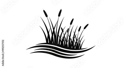 Black silhouette of cattails and reeds growing in water, isolated on a white background, representing nature and wetlands.