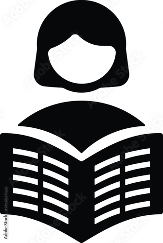 Person Reading Book Icon. Solid Silhouette Education Symbol. Reading Literacy Icon – Female Avatar with Open Textbook Graphic