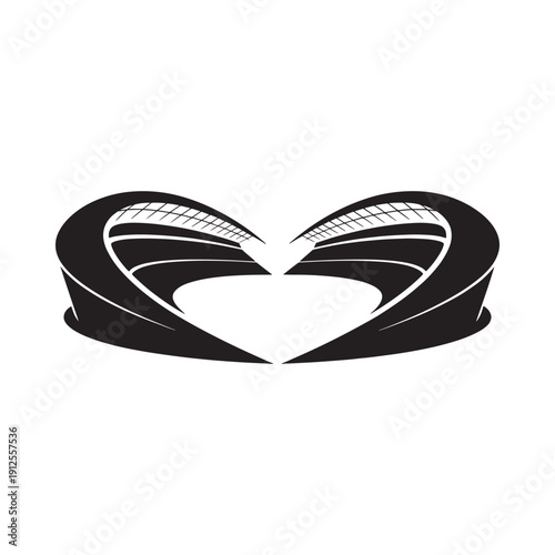 A stark black and white graphic depicts a stylized stadium or arena resembling an open heart shape
