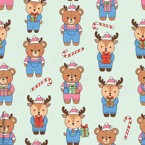 Adorable Festive Animals and Candy Canes Seamless Pattern for Winter Holidays
