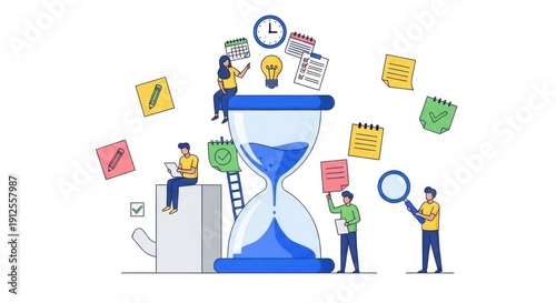 People managing time effectively with hourglass and tasks