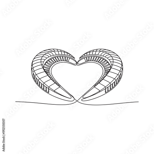 A stark black and white graphic depicts a stylized stadium or arena resembling an open heart shape