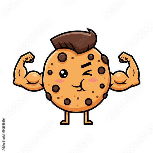 Strong Cartoon Cookie Character Flexing Biceps with a Winking Face - Vector Illustration