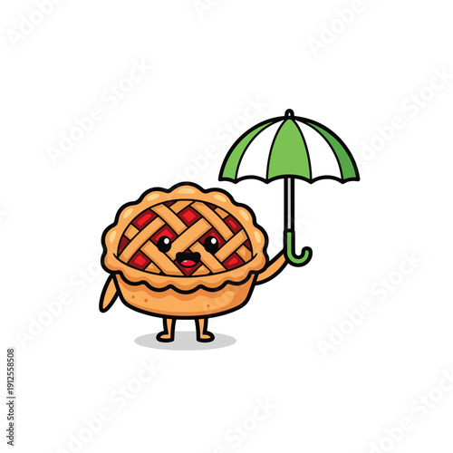 Cheerful cartoon pie character happily holding a green umbrella, flat vector illustration on a white background.