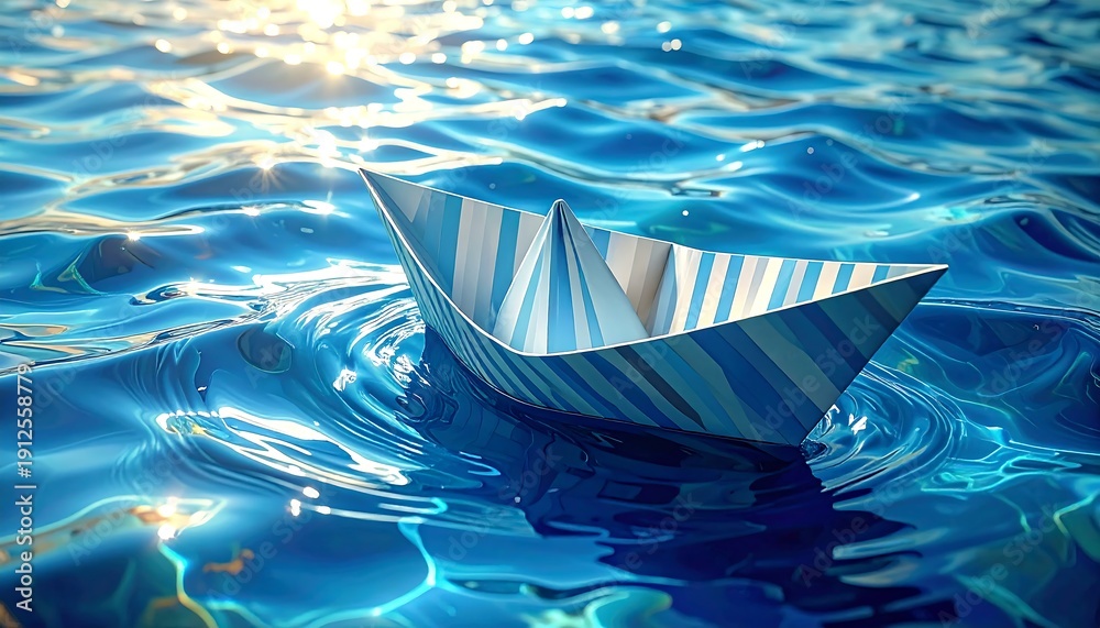 Fototapeta premium A small paper boat floats on rippling blue water (1)