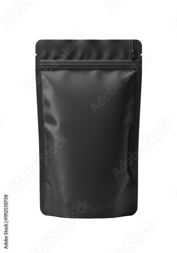 A blank matte black flexible stand-up doypack pouch with sealed zipper, subtle creases, on a transparent background with copy space, concept for brand packaging mockup