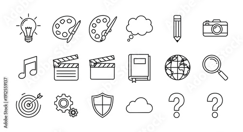 Collection of creative tools and symbols in linear style silhouette