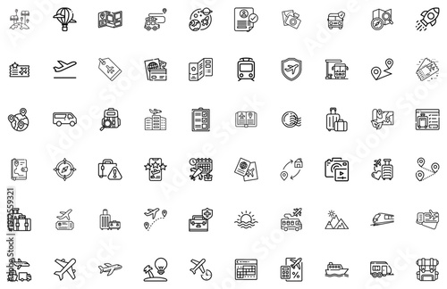 Travel Set Airplane Suitcase Map Passport Train Bus Hot Air Balloon