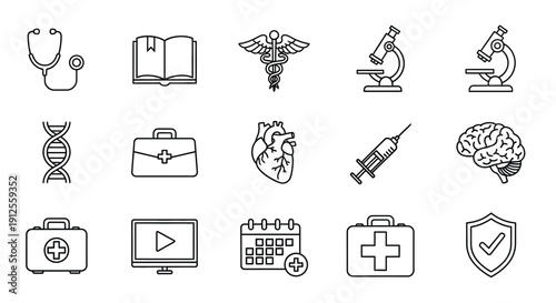 Medical icons including a caduceus and heart black line silhouette
