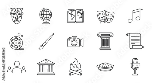 Diverse cultural icons and artistic symbols in a clean silhouette