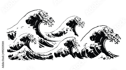 Dynamic Monochrome Ocean Waves Illustration with Traditional Artistic Flair and Powerful Movement