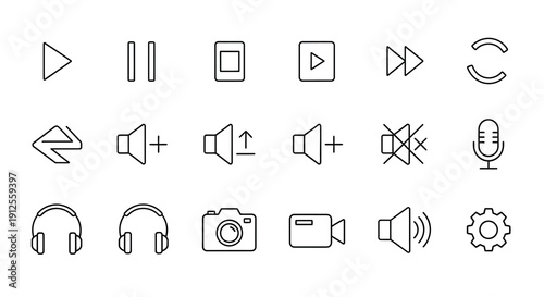 Collection of media player control icons in a linear style silhouette
