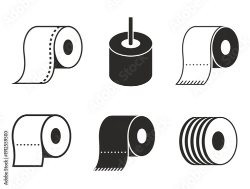 Set of six minimalist black icons, featuring various toilet paper rolls and bathroom tissue roll symbols