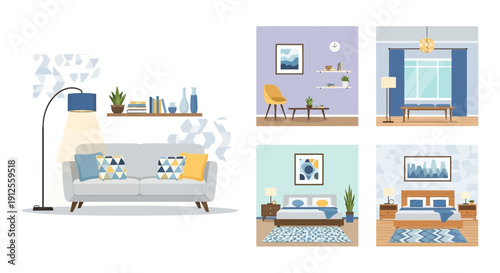 Collection of cozy and stylish home interior designs showcasing various living spaces and bedroom