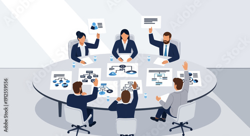 Diverse business team collaborating in meeting presenting project and workflow diagrams in a round