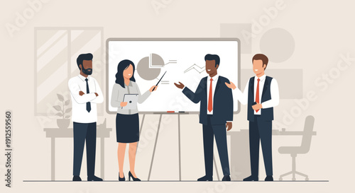 Diverse business team presenting financial data on a whiteboard during a meeting