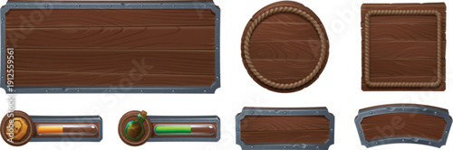 Game user interface set with wooden planks and metal vector