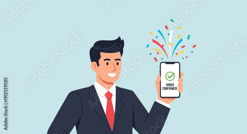 Excited businessman confirming online order on smartphone with confetti animation