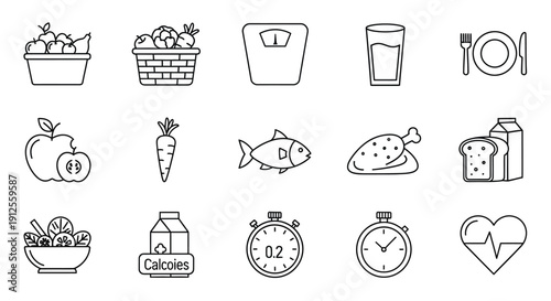 Collection of outlined food health and lifestyle icons in a linear silhouette