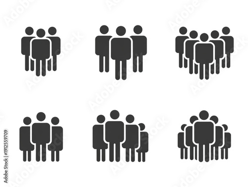 Set of six minimalist black icons, featuring people groups, community members, teams, and family unit symbols