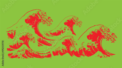Dynamic Red Ocean Waves Crashing on a Vibrant Green Background, Graphic Illustration