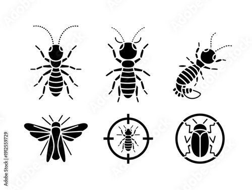 Set of six black icons, featuring various insects including ants, beetles, and target pest control symbols
