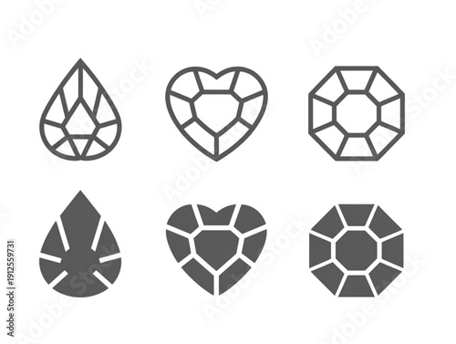 Set of six minimalist geometric icons, featuring various diamond cuts including heart, pear, and round shapes