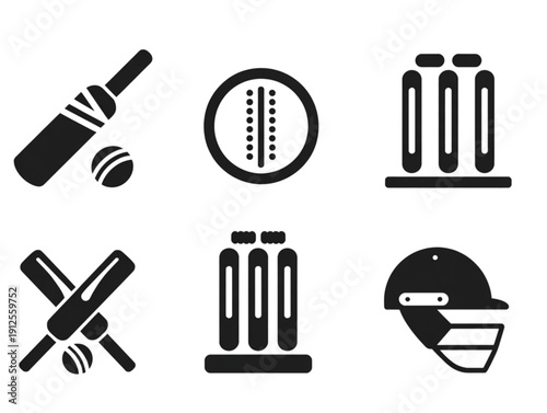 Set of six minimalist black icons, featuring cricket sports equipment including bats, balls, and wickets