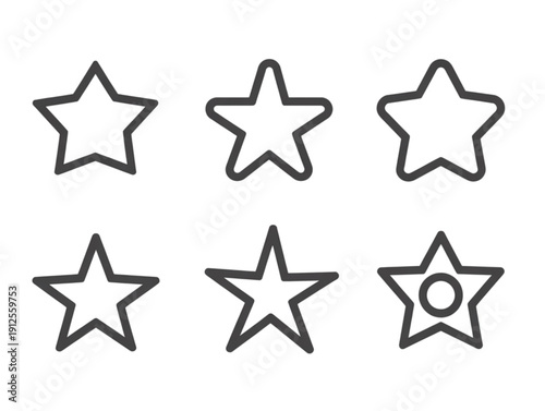 Set of six minimalist black line art icons, featuring various star shapes for ratings and achievements