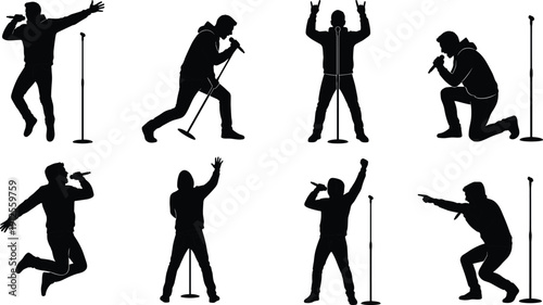 Male singer performing on stage silhouette set with microphone isolated on white background, music concert performance illustration collection