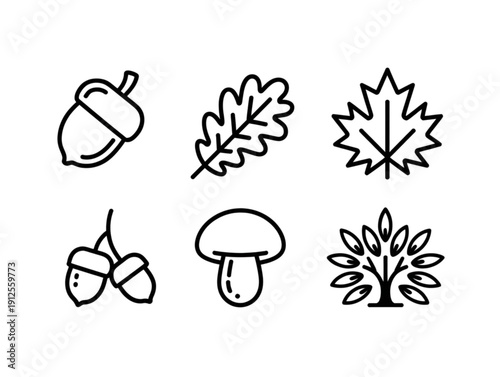 Set of six minimalist black line art icons, featuring autumn nature elements including acorns and leaves