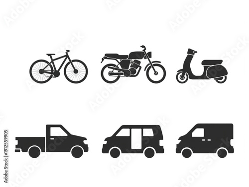 Set of six minimalist black icons, featuring transport vehicles including bicycles, motorcycles, scooters, and vans