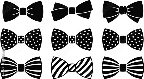 Bow tie silhouette collection with different patterns isolated on white background, fashion accessory illustration set design