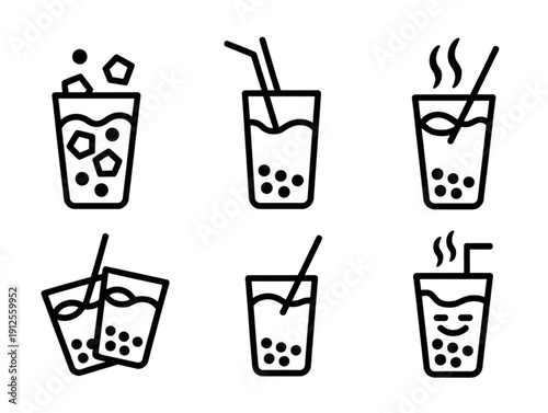 Set of six minimalist black line art icons, featuring bubble tea, boba, and cold summer refreshments