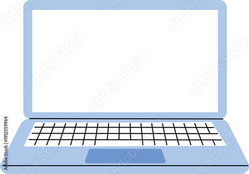 Blue screen laptop with blank screen, hand draw business notebook mockup illustration